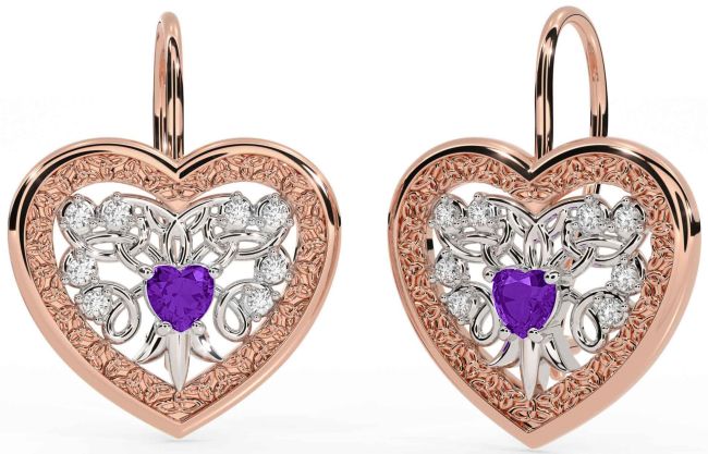 Diamond Amethyst Rose Gold Silver Celtic Heart Dangle Earrings