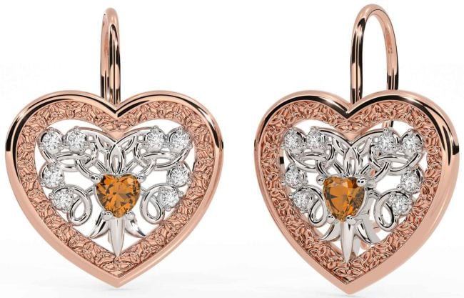 Diamond Citrine Rose Gold Silver Celtic Heart Dangle Earrings