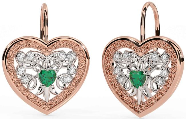 Diamond Emerald Rose Gold Silver Celtic Heart Dangle Earrings