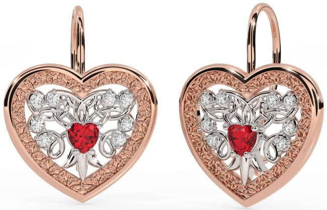 Diamond Ruby Rose Gold Silver Celtic Heart Dangle Earrings