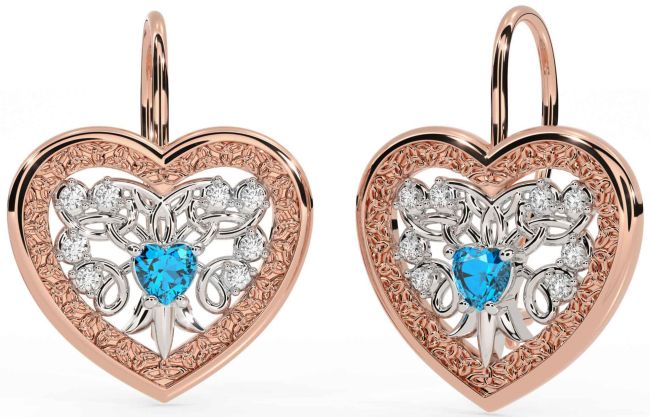 Diamond Topaz Rose Gold Silver Celtic Heart Dangle Earrings