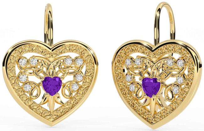Diamond Amethyst Gold Silver Celtic Heart Dangle Earrings