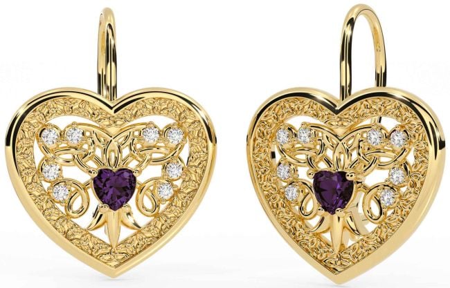 Diamond Alexandrite Gold Silver Celtic Heart Dangle Earrings