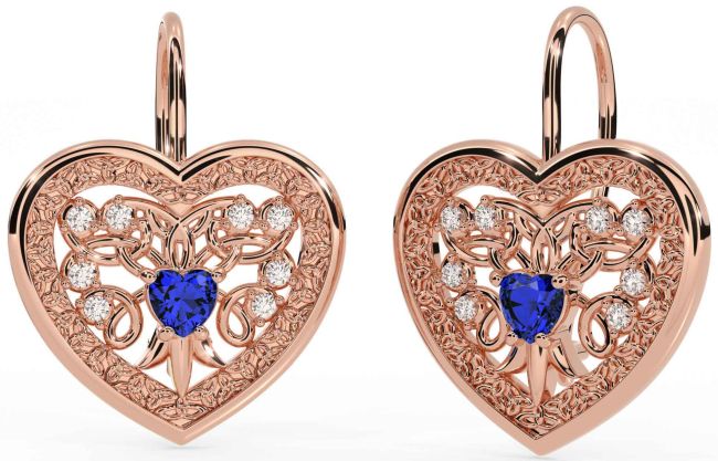 Diamond Sapphire Rose Gold Celtic Heart Dangle Earrings