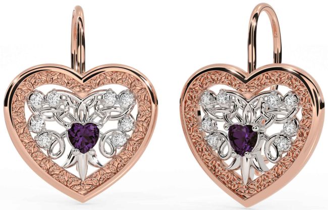 Diamond Alexandrite White Rose Gold Celtic Heart Dangle Earrings