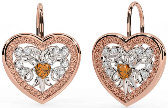 Diamond Citrine White Rose Gold Celtic Heart Dangle Earrings