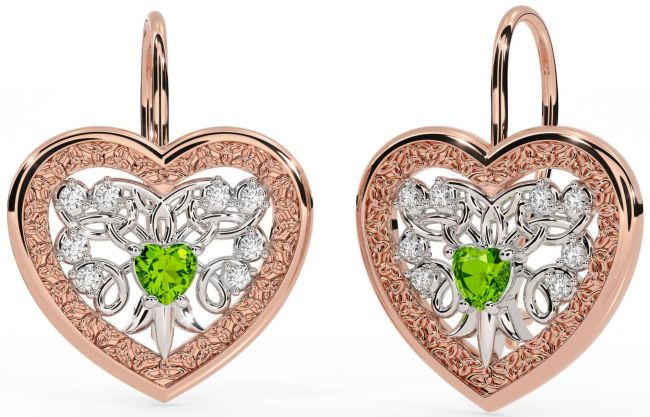 Diamond Peridot White Rose Gold Celtic Heart Dangle Earrings