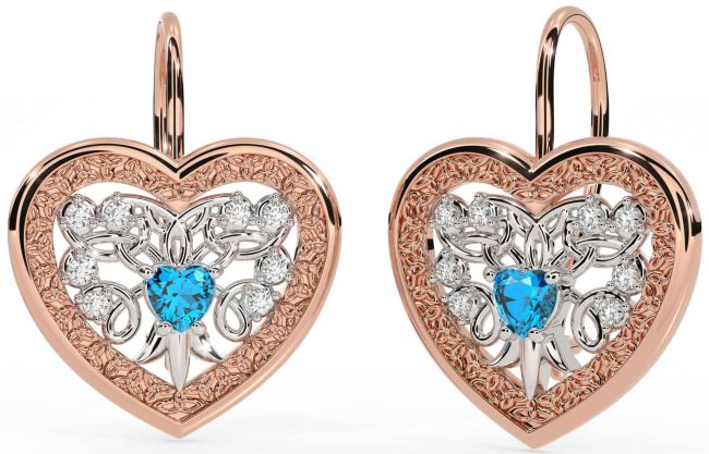 Diamond Topaz White Rose Gold Celtic Heart Dangle Earrings