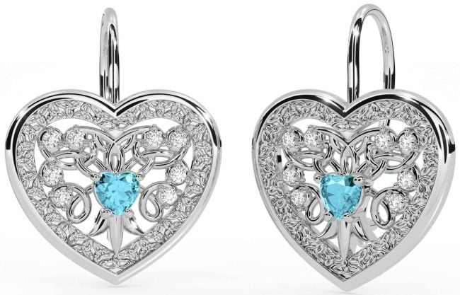 Diamond Aquamarine Silver Celtic Heart Dangle Earrings