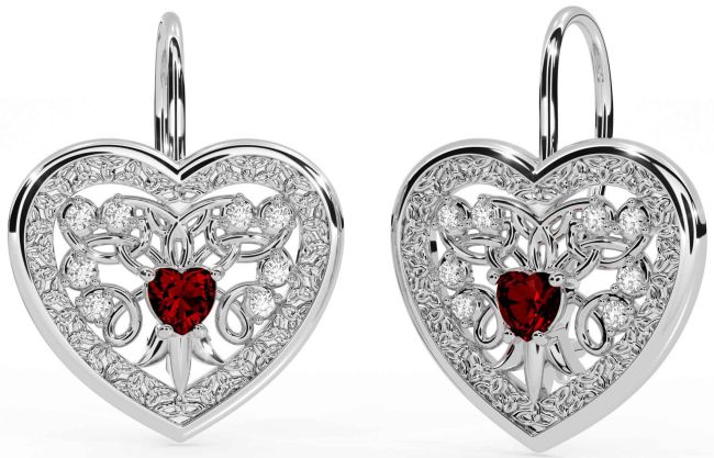 Diamond Garnet Silver Celtic Heart Dangle Earrings