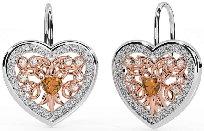 Diamond Citrine Rose Gold Silver Celtic Heart Dangle Earrings