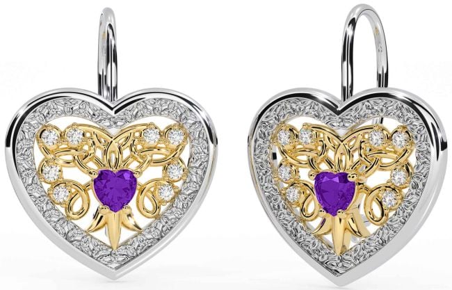 Diamond Amethyst Gold Silver Celtic Heart Dangle Earrings