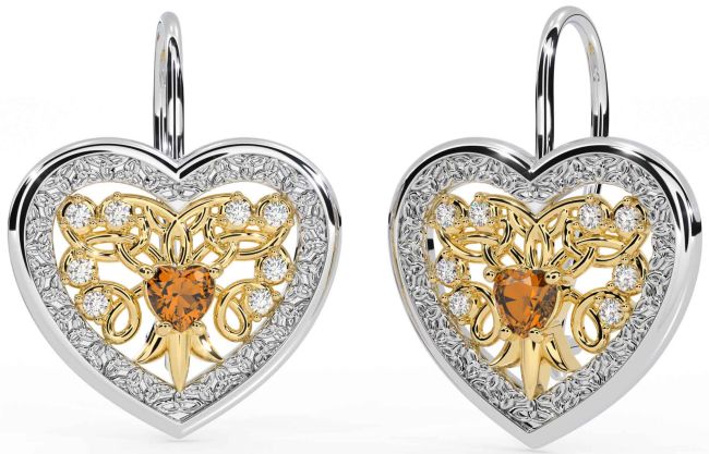 Diamond Citrine Gold Silver Celtic Heart Dangle Earrings