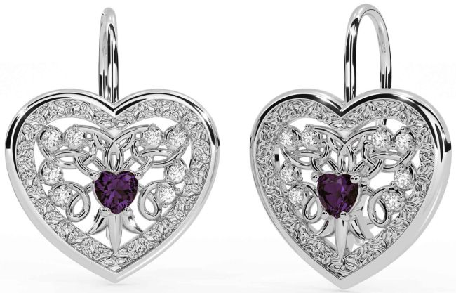 Diamond Alexandrite White Gold Celtic Heart Dangle Earrings