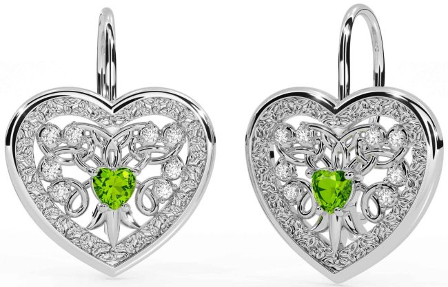 Diamond Peridot White Gold Celtic Heart Dangle Earrings