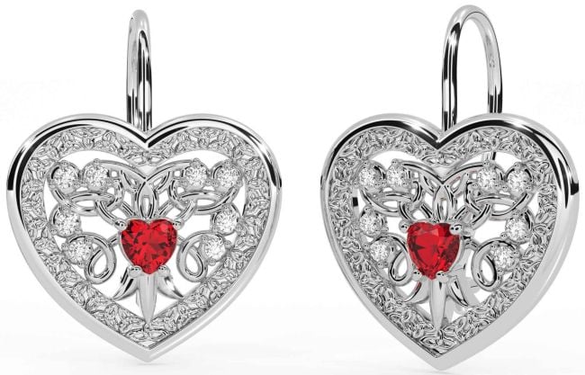 Diamond Ruby White Gold Celtic Heart Dangle Earrings