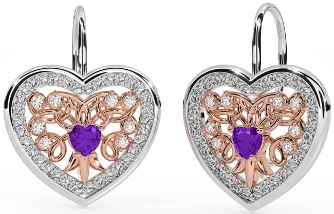 Diamond Amethyst White Rose Gold Celtic Heart Dangle Earrings