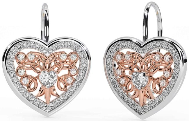 Diamond White Rose Gold Celtic Heart Dangle Earrings