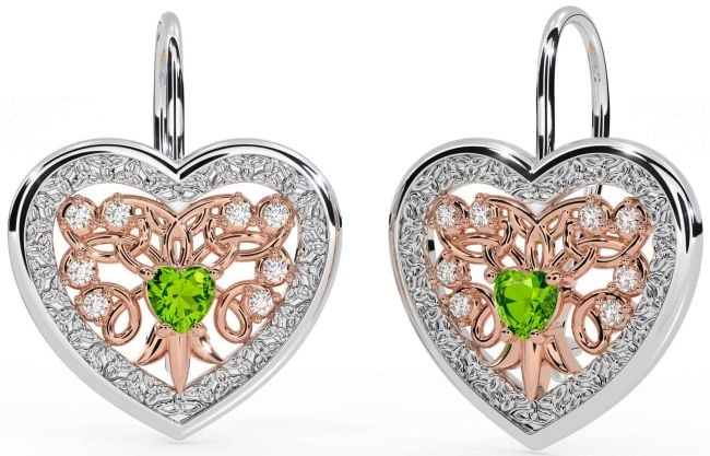 Diamond Peridot White Rose Gold Celtic Heart Dangle Earrings