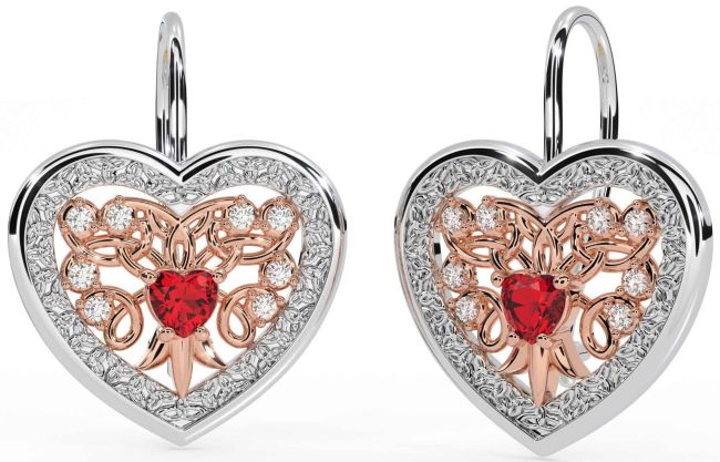 Diamond Ruby White Rose Gold Celtic Heart Dangle Earrings