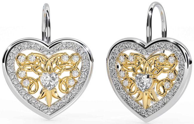 Diamond White Yellow Gold Celtic Heart Dangle Earrings