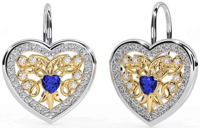 Diamond Sapphire White Yellow Gold Celtic Heart Dangle Earrings