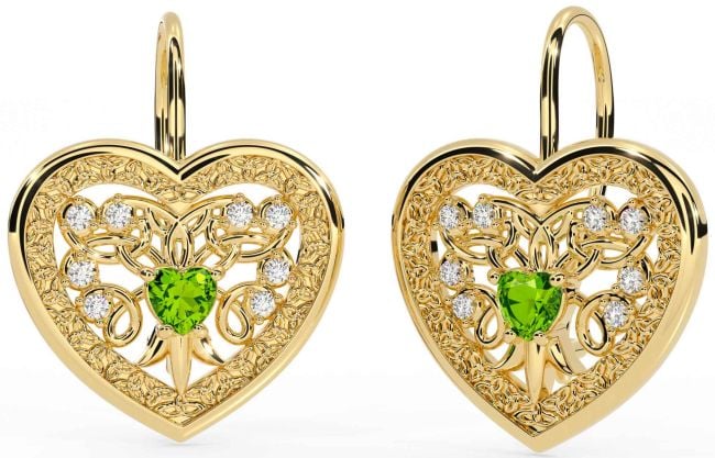 Diamond Peridot Gold Celtic Heart Dangle Earrings