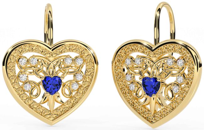 Diamond Sapphire Gold Celtic Heart Dangle Earrings