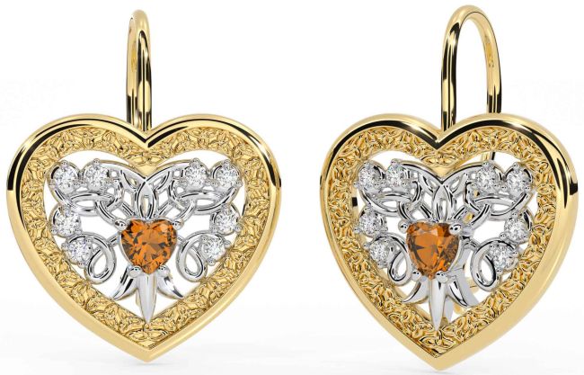 Diamond Citrine White Yellow Gold Celtic Heart Dangle Earrings