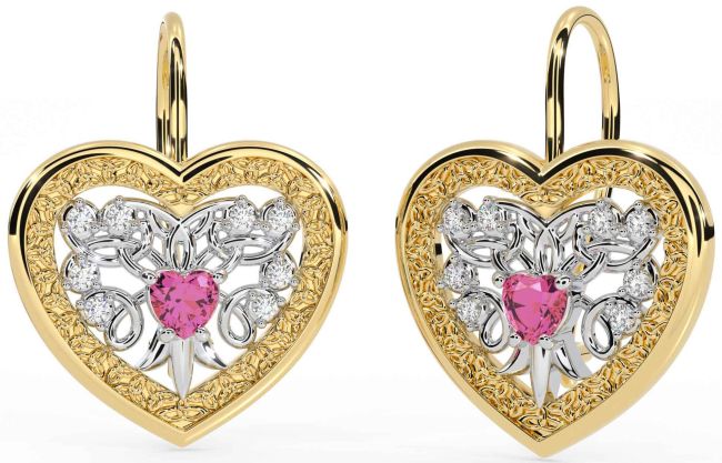 Diamond Pink Tourmaline White Yellow Gold Celtic Heart Dangle Earrings