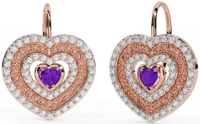 Diamond Amethyst Rose Gold Silver Celtic Trinity Knot Heart Dangle Earrings