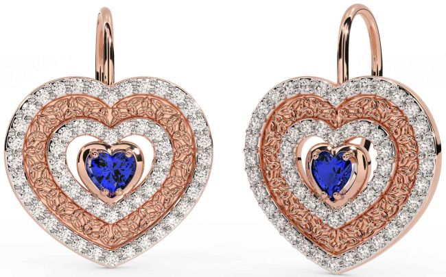 Diamond Sapphire Rose Gold Silver Celtic Trinity Knot Heart Dangle Earrings