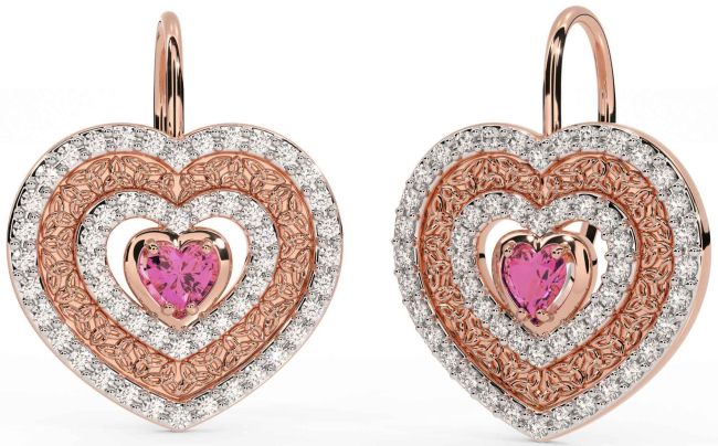 Diamond Pink Tourmaline Rose Gold Celtic Trinity Knot Heart Dangle Earrings