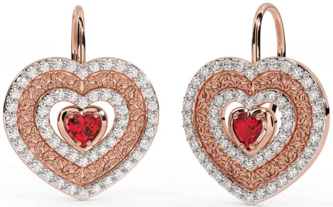 Diamond Ruby Rose Gold Celtic Trinity Knot Heart Dangle Earrings
