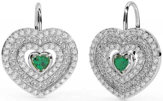 Diamond Emerald Silver Celtic Trinity Knot Heart Dangle Earrings