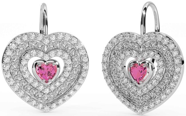 Diamond Pink Tourmaline Silver Celtic Trinity Knot Heart Dangle Earrings