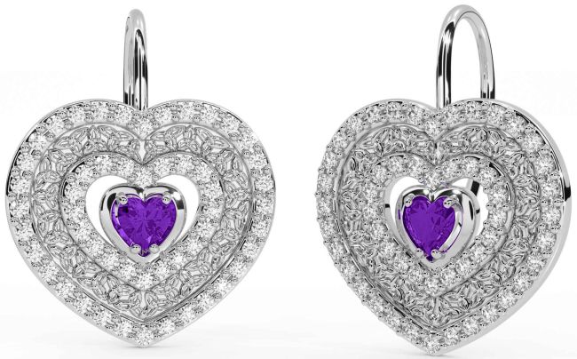 Diamond Amethyst White Gold Celtic Trinity Knot Heart Dangle Earrings