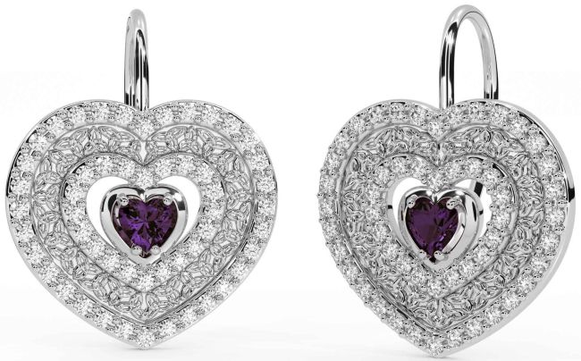 Diamond Alexandrite White Gold Celtic Trinity Knot Heart Dangle Earrings