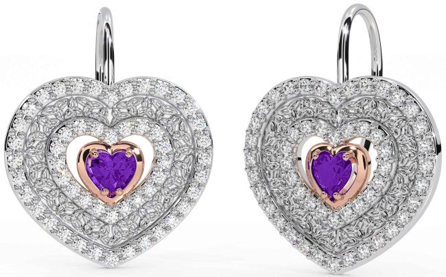 Diamond Amethyst White Rose Gold Celtic Trinity Knot Heart Dangle Earrings