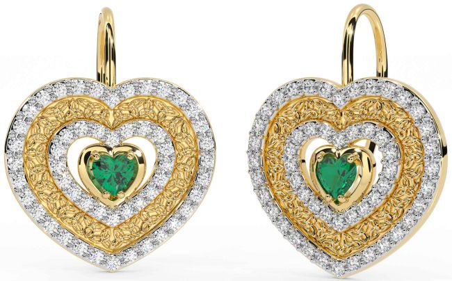 Diamond Emerald Gold Celtic Trinity Knot Heart Dangle Earrings