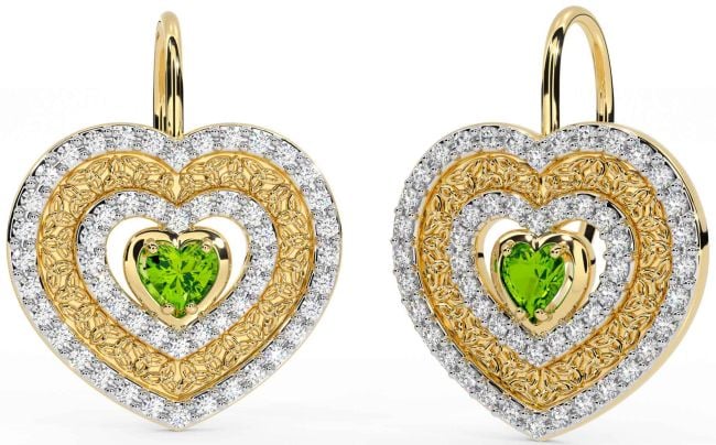 Diamond Peridot Gold Celtic Trinity Knot Heart Dangle Earrings