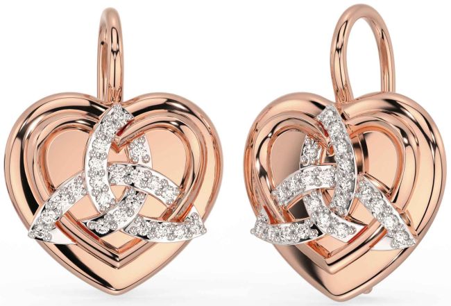 Diamond Rose Gold Silver Celtic Trinity Knot Heart Dangle Earrings