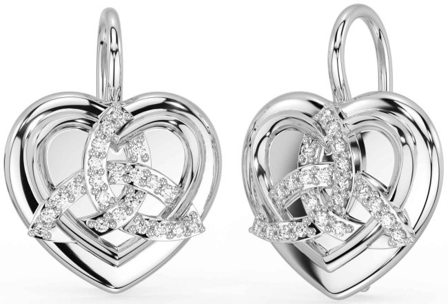 Diamond Silver Celtic Trinity Knot Heart Dangle Earrings