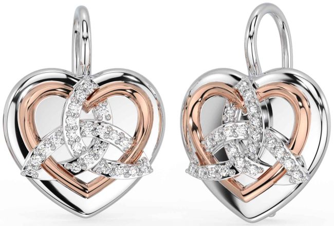 Diamond Rose Gold Silver Celtic Trinity Knot Heart Dangle Earrings