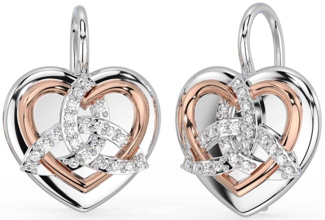 Diamond White Rose Gold Celtic Trinity Knot Heart Dangle Earrings