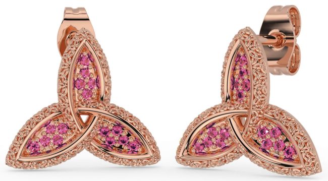 Pink Tourmaline Rose Gold Silver Celtic Trinity Knot Stud Earrings