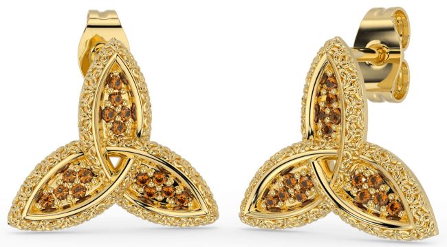 Citrine Gold Silver Celtic Trinity Knot Stud Earrings