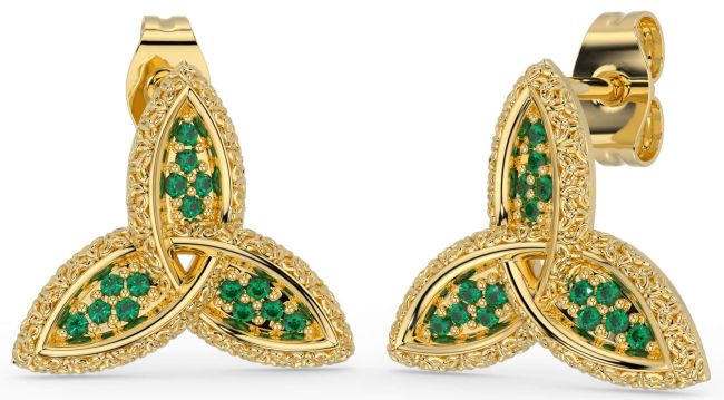 Emerald Gold Silver Celtic Trinity Knot Stud Earrings