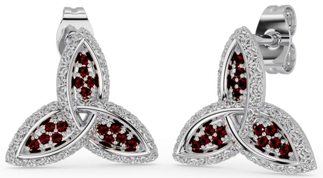 Garnet Silver Celtic Trinity Knot Stud Earrings