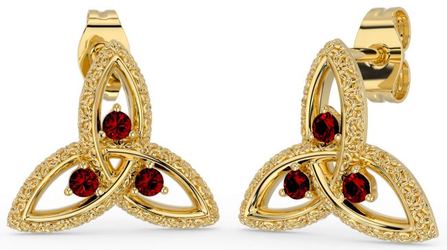 Garnet Gold Silver Celtic Trinity Knot Stud Earrings